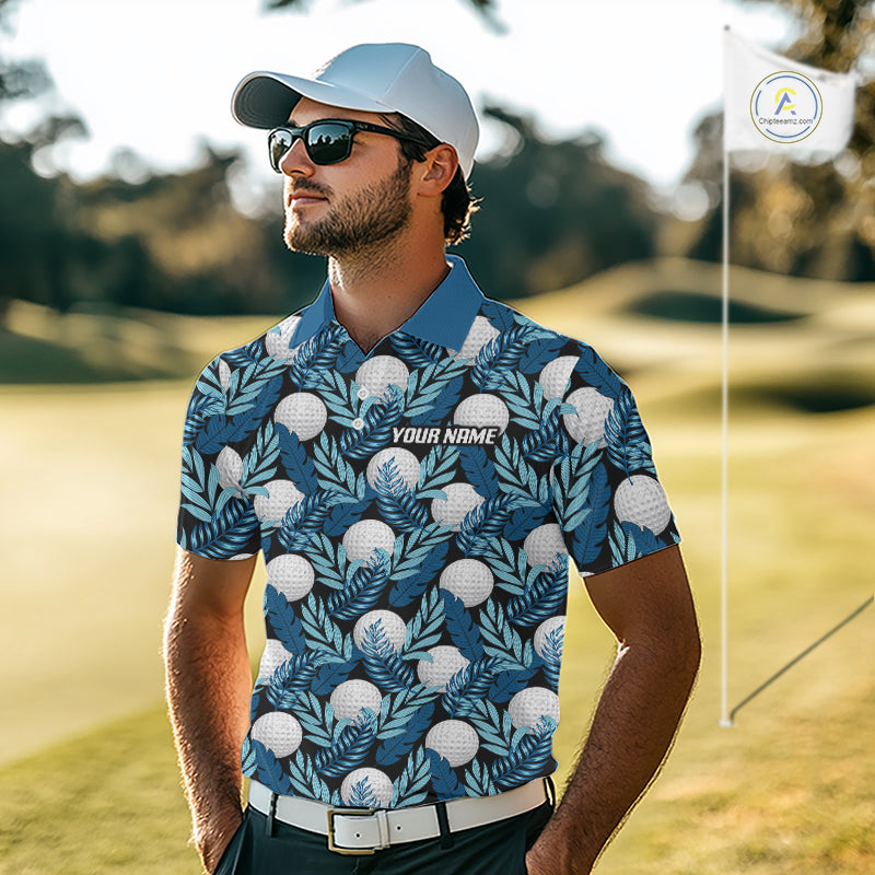 Custom Black Blue Tropical Golf Ball Pattern Polo Golf Shirts, Golf Gifts For Team