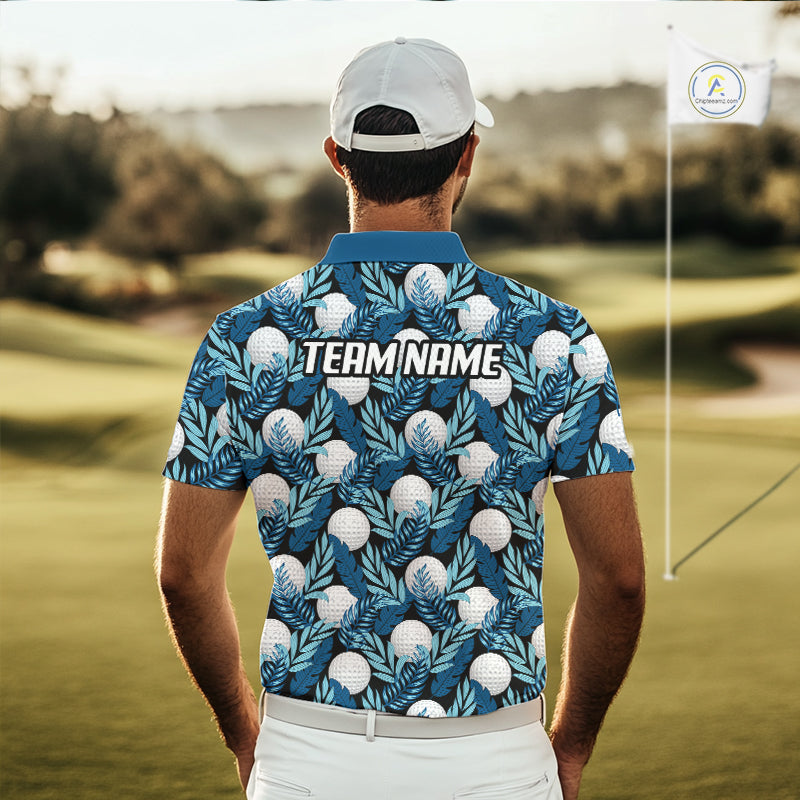 Custom Black Blue Tropical Golf Ball Pattern Polo Golf Shirts, Golf Gifts For Team