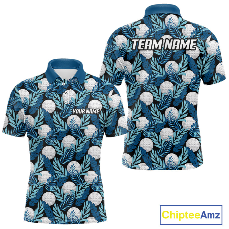Custom Black Blue Tropical Golf Ball Pattern Polo Golf Shirts, Golf Gifts For Team
