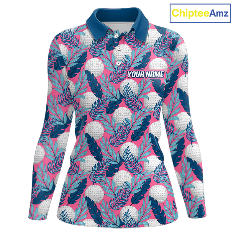 Custom Pink Blue Tropical Golf Ball Pattern Polo Golf Shirts, Golf Gifts For Team