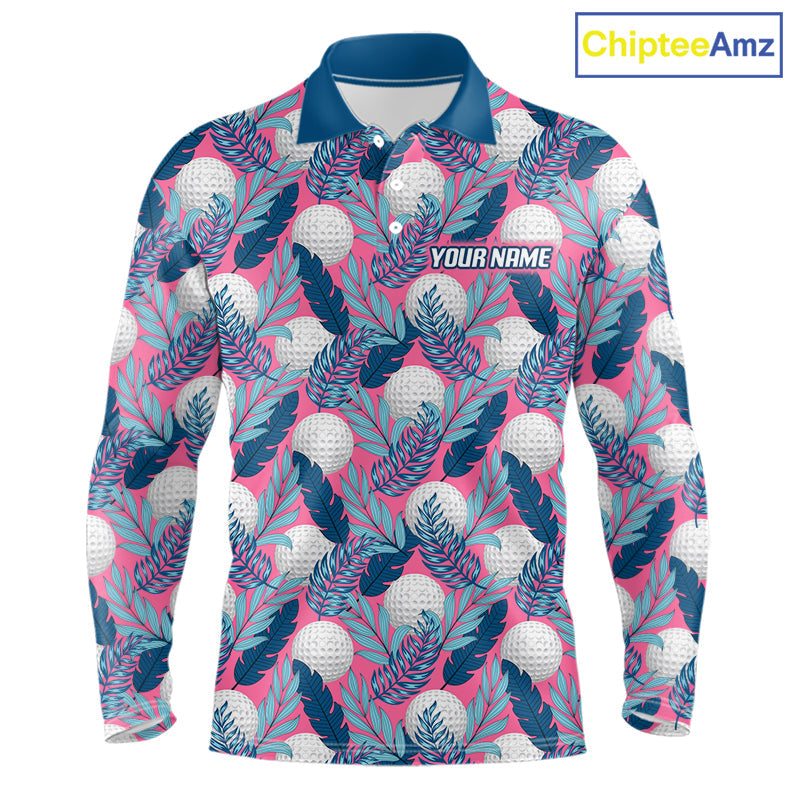 Custom Pink Blue Tropical Golf Ball Pattern Polo Golf Shirts, Golf Gifts For Team