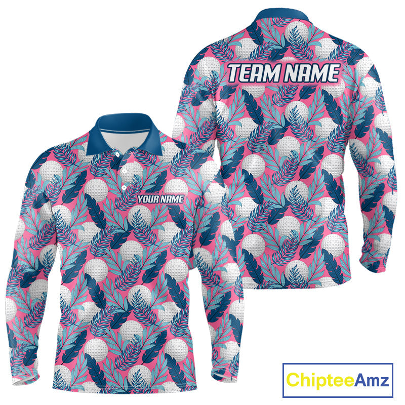 Custom Pink Blue Tropical Golf Ball Pattern Polo Golf Shirts, Golf Gifts For Team