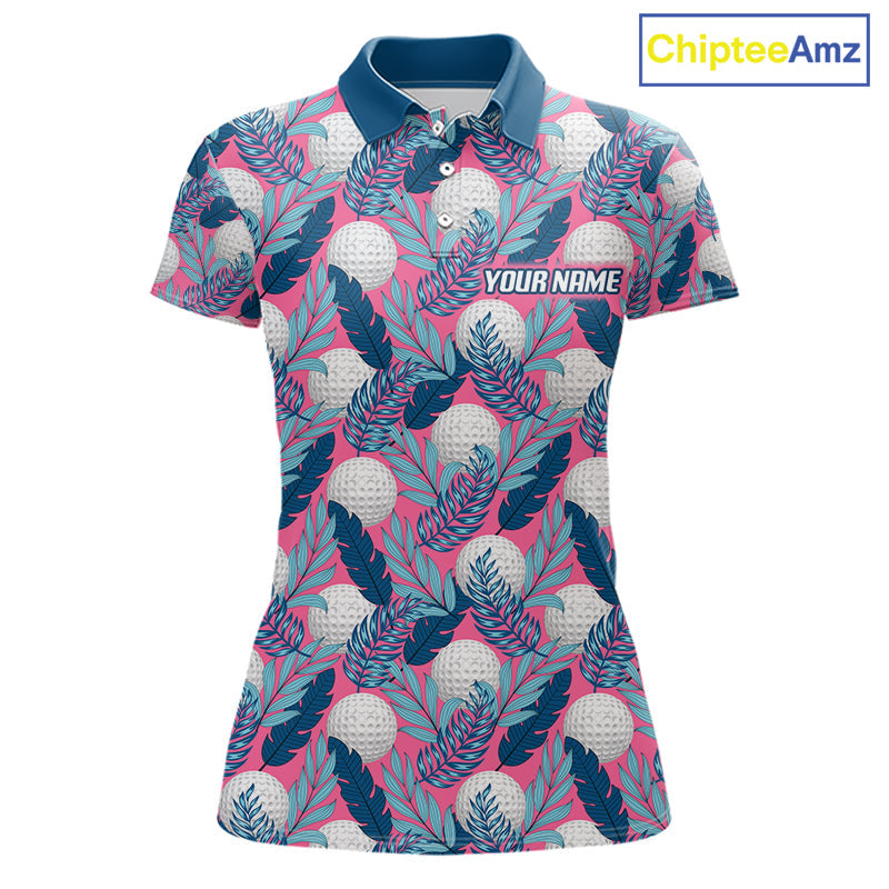 Custom Pink Blue Tropical Golf Ball Pattern Polo Golf Shirts, Golf Gifts For Team
