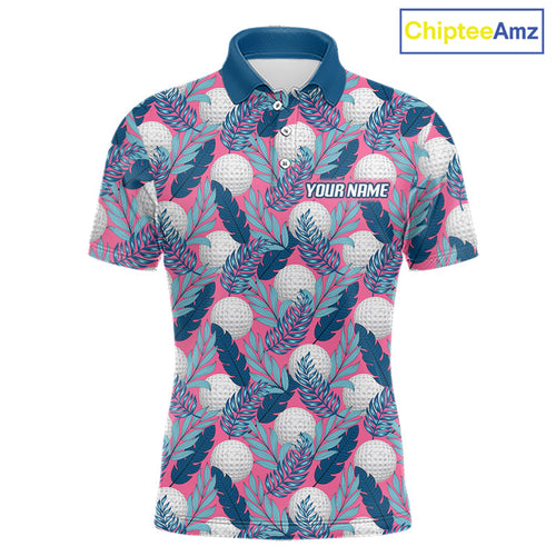 Custom Pink Blue Tropical Golf Ball Pattern Polo Golf Shirts, Golf Gifts For Team