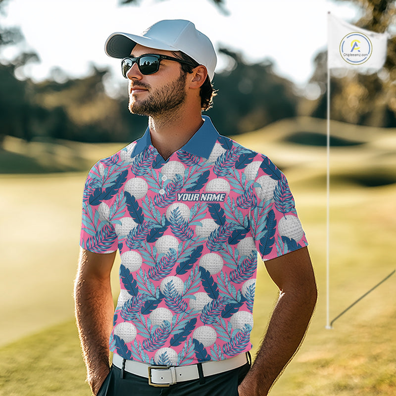 Custom Pink Blue Tropical Golf Ball Pattern Polo Golf Shirts, Golf Gifts For Team