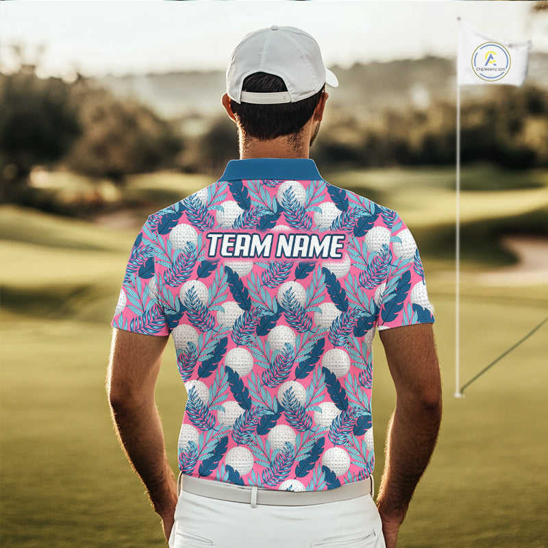 Custom Pink Blue Tropical Golf Ball Pattern Polo Golf Shirts, Golf Gifts For Team