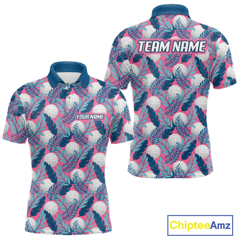 Custom Pink Blue Tropical Golf Ball Pattern Polo Golf Shirts, Golf Gifts For Team