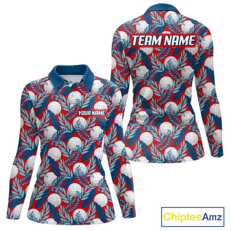 Custom Red Blue Tropical Golf Ball Pattern Polo Golf Shirts, Golf Gifts For Team