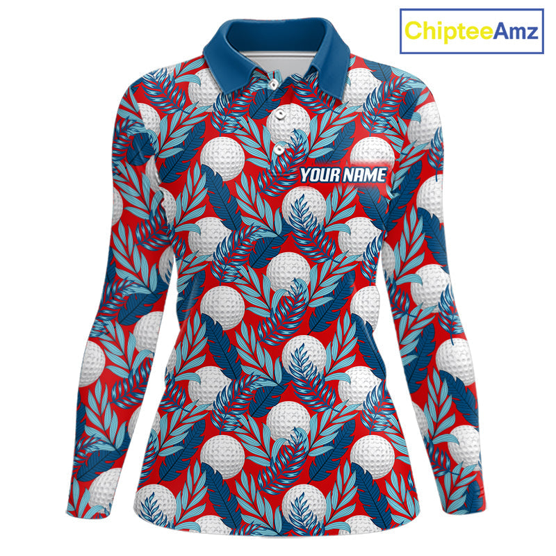 Custom Red Blue Tropical Golf Ball Pattern Polo Golf Shirts, Golf Gifts For Team