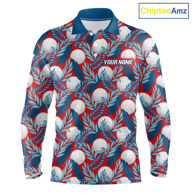 Custom Red Blue Tropical Golf Ball Pattern Polo Golf Shirts, Golf Gifts For Team