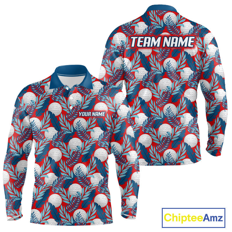 Custom Red Blue Tropical Golf Ball Pattern Polo Golf Shirts, Golf Gifts For Team