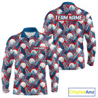 Custom Red Blue Tropical Golf Ball Pattern Polo Golf Shirts, Golf Gifts For Team