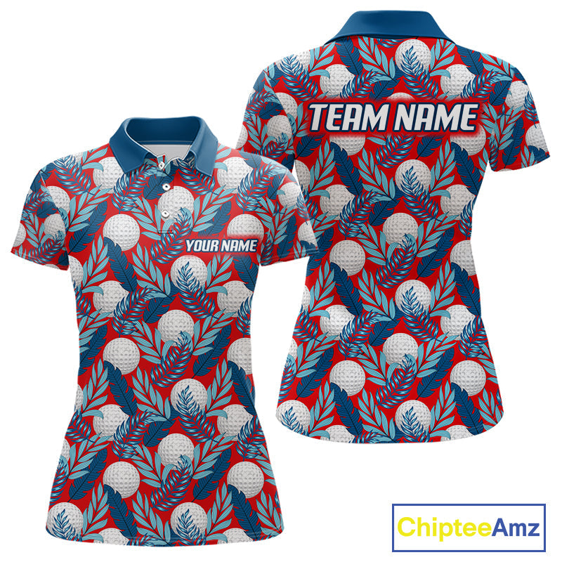 Custom Red Blue Tropical Golf Ball Pattern Polo Golf Shirts, Golf Gifts For Team