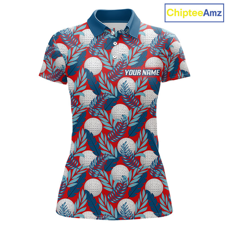 Custom Red Blue Tropical Golf Ball Pattern Polo Golf Shirts, Golf Gifts For Team