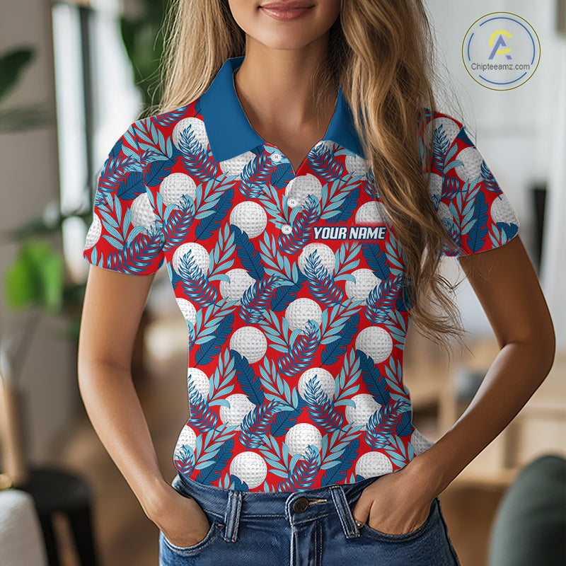 Custom Red Blue Tropical Golf Ball Pattern Polo Golf Shirts, Golf Gifts For Team