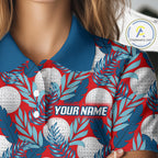 Custom Red Blue Tropical Golf Ball Pattern Polo Golf Shirts, Golf Gifts For Team
