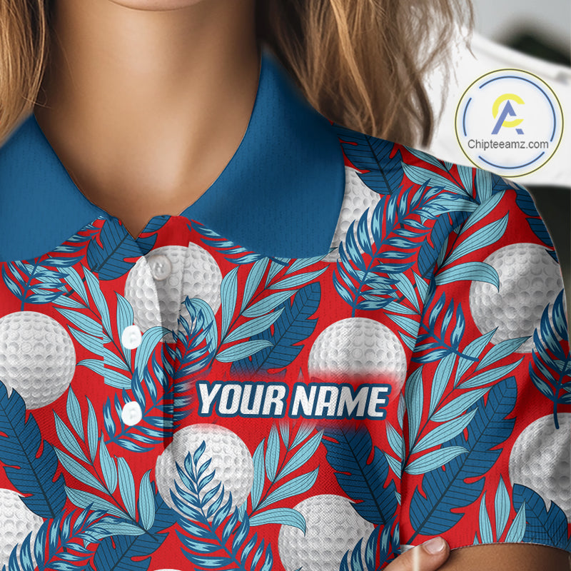 Custom Red Blue Tropical Golf Ball Pattern Polo Golf Shirts, Golf Gifts For Team