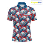 Custom Red Blue Tropical Golf Ball Pattern Polo Golf Shirts, Golf Gifts For Team