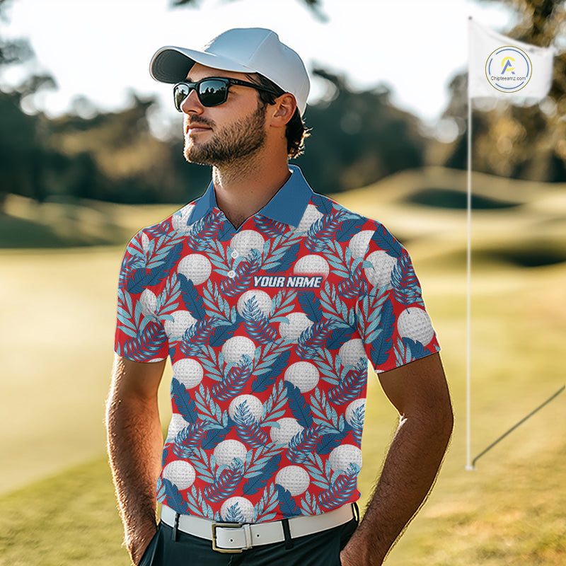 Custom Red Blue Tropical Golf Ball Pattern Polo Golf Shirts, Golf Gifts For Team