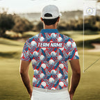 Custom Red Blue Tropical Golf Ball Pattern Polo Golf Shirts, Golf Gifts For Team