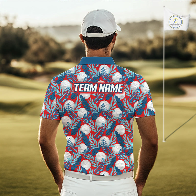 Custom Red Blue Tropical Golf Ball Pattern Polo Golf Shirts, Golf Gifts For Team