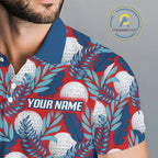 Custom Red Blue Tropical Golf Ball Pattern Polo Golf Shirts, Golf Gifts For Team