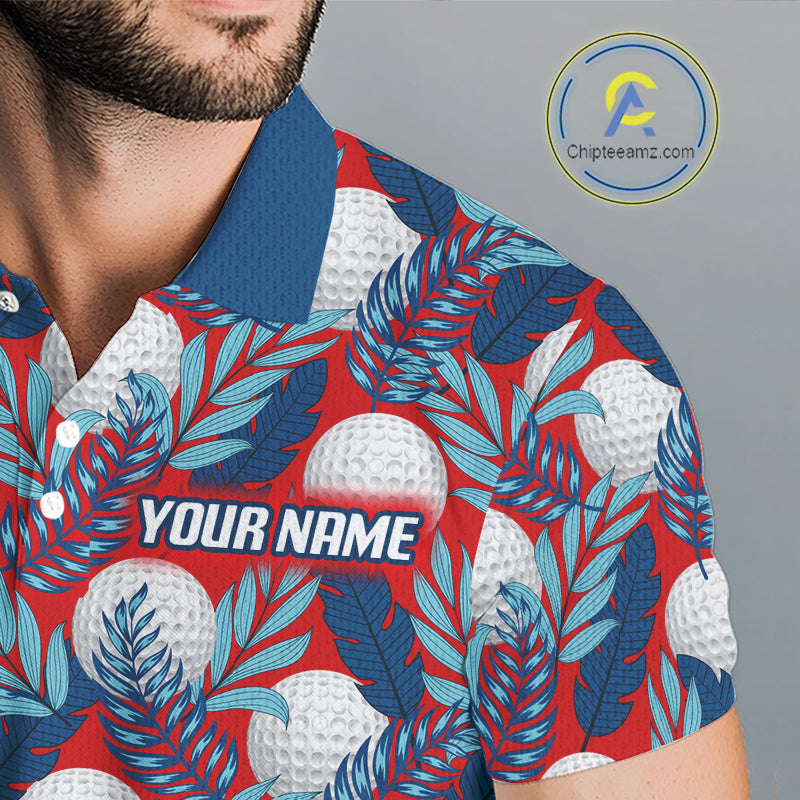 Custom Red Blue Tropical Golf Ball Pattern Polo Golf Shirts, Golf Gifts For Team