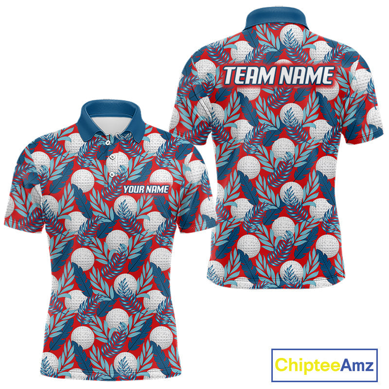 Custom Red Blue Tropical Golf Ball Pattern Polo Golf Shirts, Golf Gifts For Team