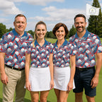 Custom Red Blue Tropical Golf Ball Pattern Polo Golf Shirts, Golf Gifts For Team