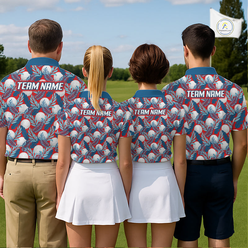 Custom Red Blue Tropical Golf Ball Pattern Polo Golf Shirts, Golf Gifts For Team