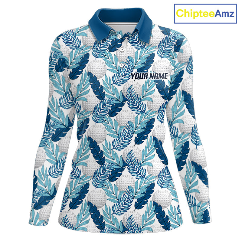 Custom White Blue Tropical Golf Ball Pattern Polo Golf Shirts, Golf Gifts For Team