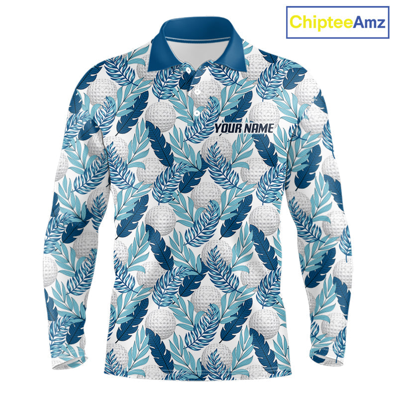 Custom White Blue Tropical Golf Ball Pattern Polo Golf Shirts, Golf Gifts For Team