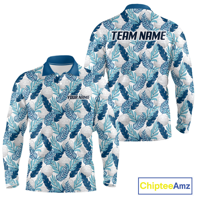Custom White Blue Tropical Golf Ball Pattern Polo Golf Shirts, Golf Gifts For Team