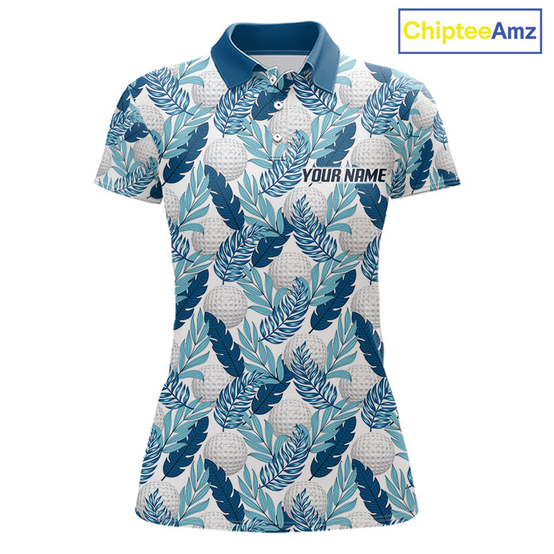 Custom White Blue Tropical Golf Ball Pattern Polo Golf Shirts, Golf Gifts For Team