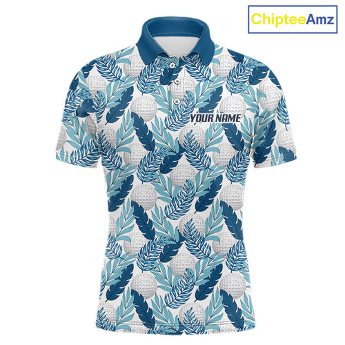 Custom White Blue Tropical Golf Ball Pattern Polo Golf Shirts, Golf Gifts For Team