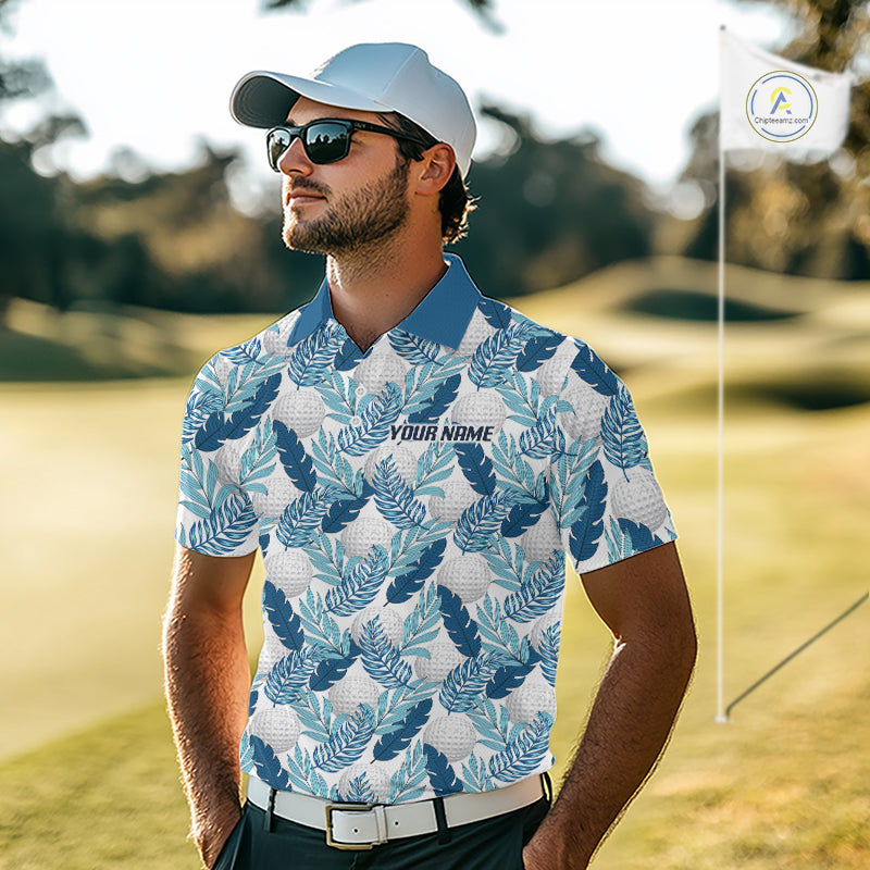 Custom White Blue Tropical Golf Ball Pattern Polo Golf Shirts, Golf Gifts For Team