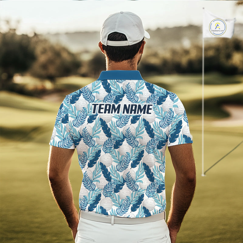 Custom White Blue Tropical Golf Ball Pattern Polo Golf Shirts, Golf Gifts For Team