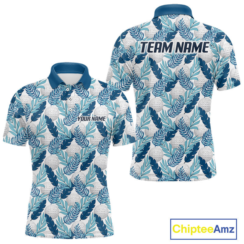 Custom White Blue Tropical Golf Ball Pattern Polo Golf Shirts, Golf Gifts For Team