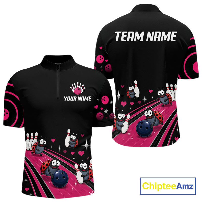 Custom Pink Funny Ladybug Bowling Team Shirts Bowling Jersey Polo & 1/4 Zip