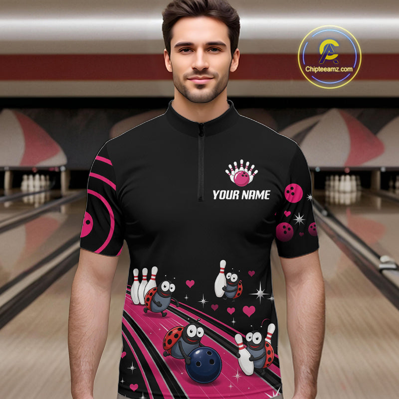 Custom Pink Funny Ladybug Bowling Team Shirts Bowling Jersey Polo & 1/4 Zip