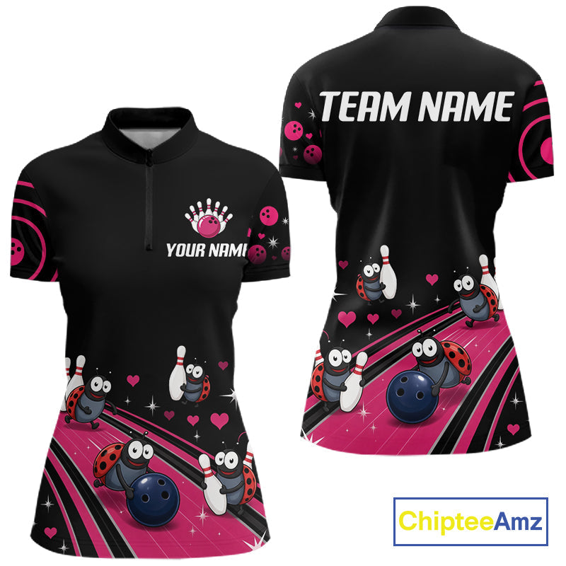 Custom Pink Funny Ladybug Bowling Team Shirts Bowling Jersey Polo & 1/4 Zip