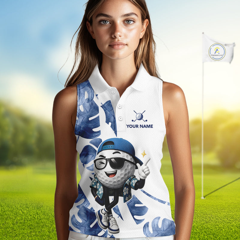 Funny Golf Ball Tropical Pattern Custom Sleeveless Golf Polo Shirts, Golfing Gifts