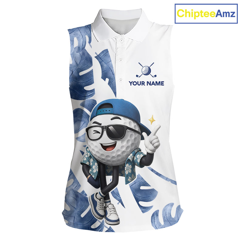 Funny Golf Ball Tropical Pattern Custom Sleeveless Golf Polo Shirts, Golfing Gifts