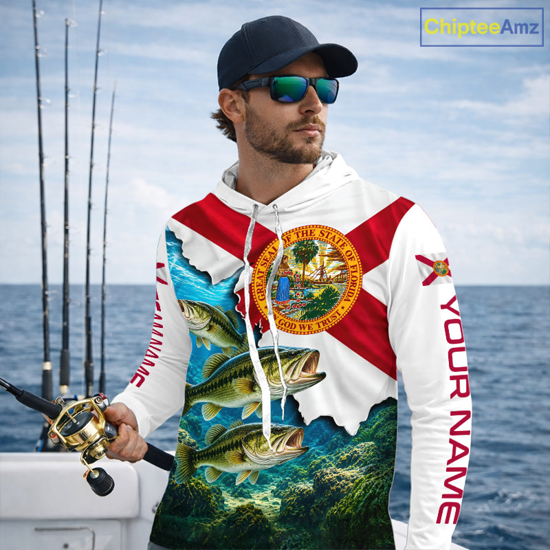 Florida Flag Largemouth Bass Blue Camo Custom Performance Long Sleeve Hooded Fishing Shirts