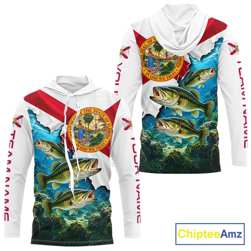 Florida Flag Largemouth Bass Blue Camo Custom Performance Long Sleeve Hooded Fishing Shirts