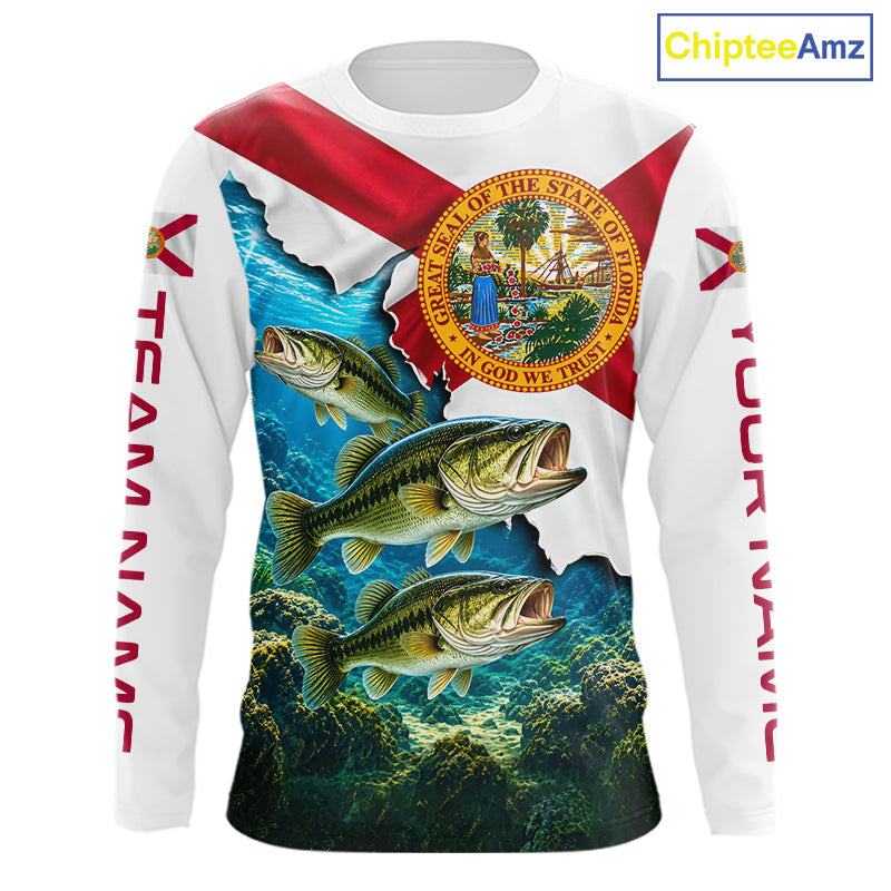 Florida Flag Largemouth Bass Blue Camo Custom Performance Long Sleeve Fishing Shirts
