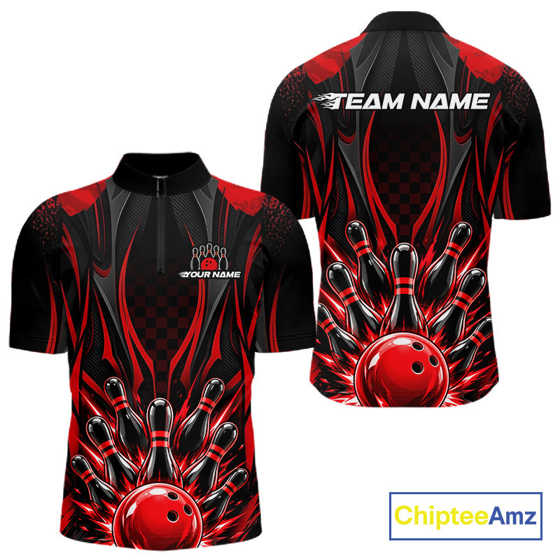Personalized Red Bowling Shirts Custom Bowling Team Jersey Polo 1/4 Quarter-Zip Bowling Shirts