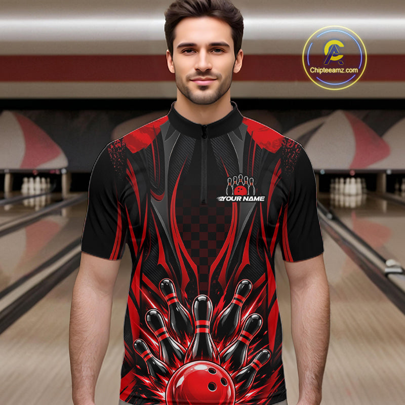 Personalized Red Bowling Shirts Custom Bowling Team Jersey Polo 1/4 Quarter-Zip Bowling Shirts