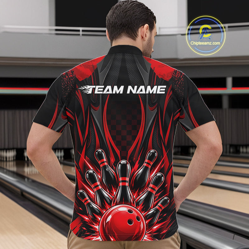 Personalized Red Bowling Shirts Custom Bowling Team Jersey Polo 1/4 Quarter-Zip Bowling Shirts