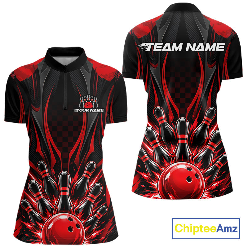 Personalized Red Bowling Shirts Custom Bowling Team Jersey Polo 1/4 Quarter-Zip Bowling Shirts